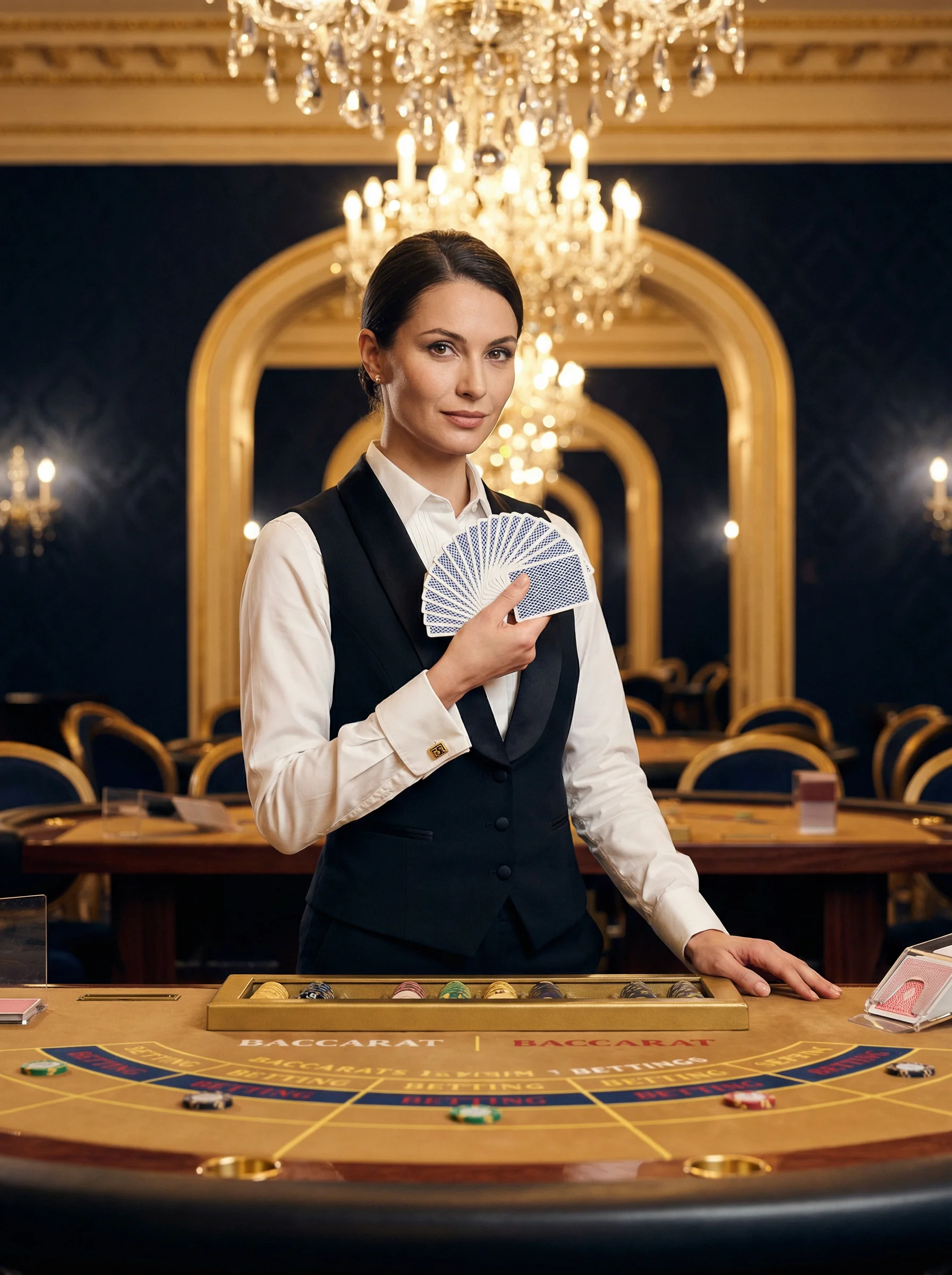 专业优雅的荷官在 百家乐 牌桌前服务，展现卓越风采