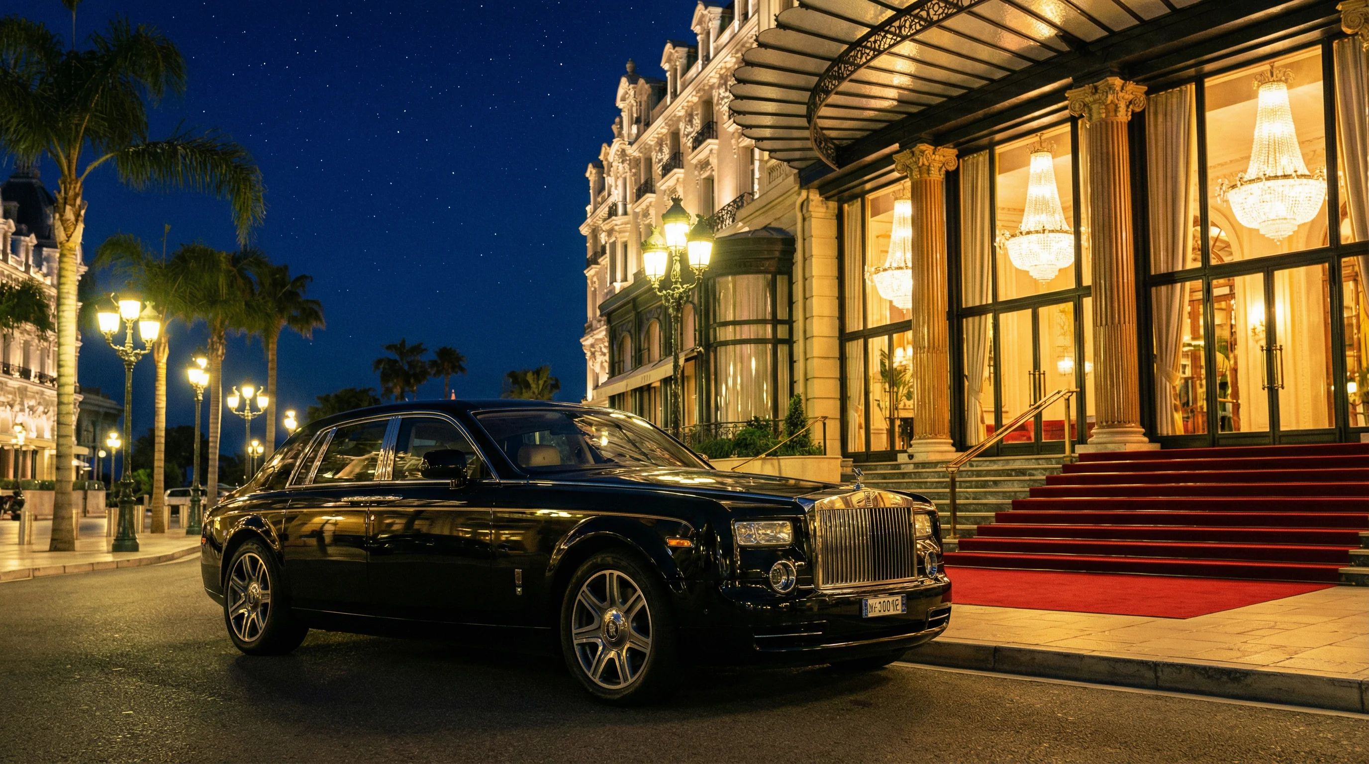 豪华名车在水晶宫殿前，彰显 百家乐 的尊贵格调